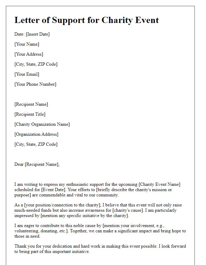 Letter template of support for charity event involvement