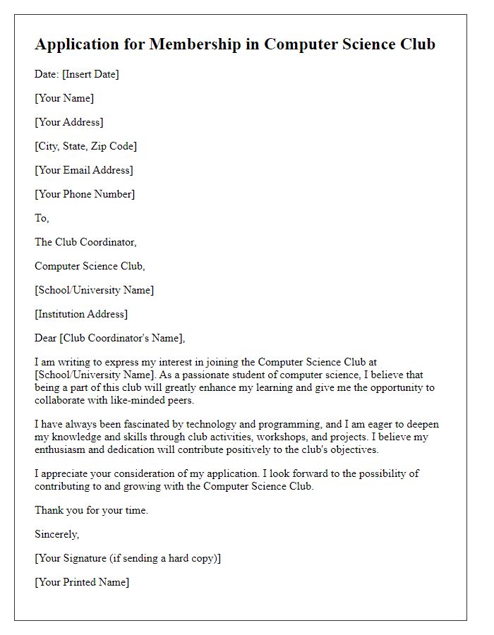 Letter template of application for joining computer science club