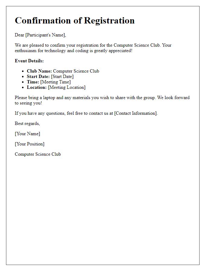 Letter template of confirmation for computer science club registration