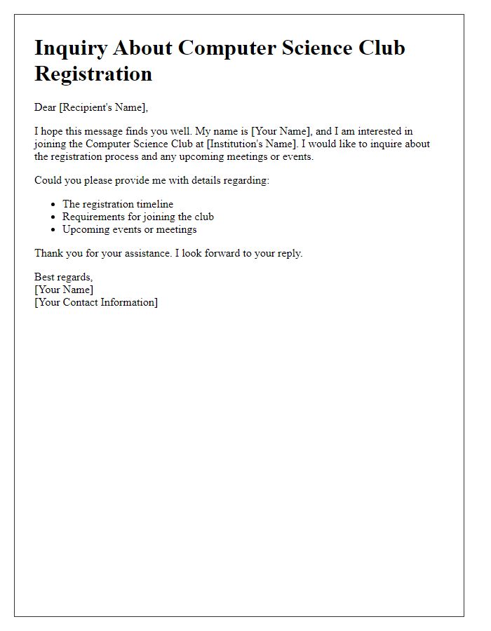 Letter template of inquiry about computer science club registration