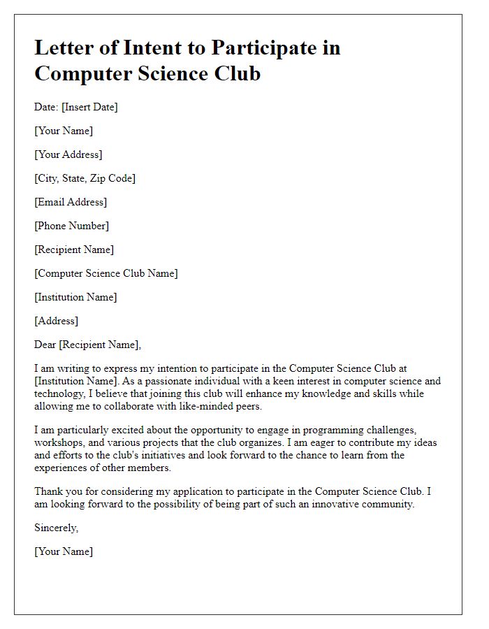 Letter template of intent to participate in computer science club