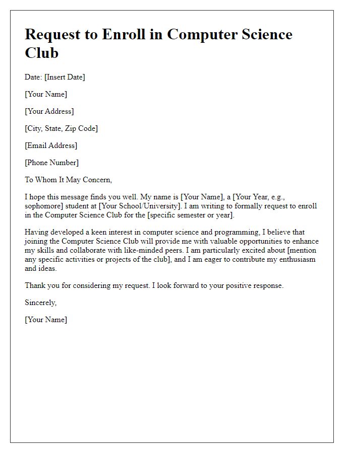 Letter template of request to enroll in computer science club