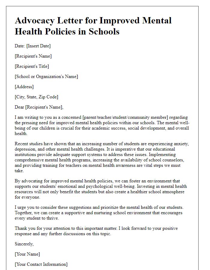 Letter template of advocating for improved mental health policies in schools.