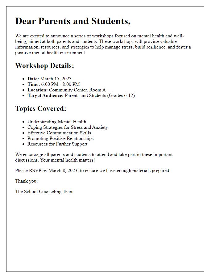 Letter template of announcing mental health workshops for parents and students.