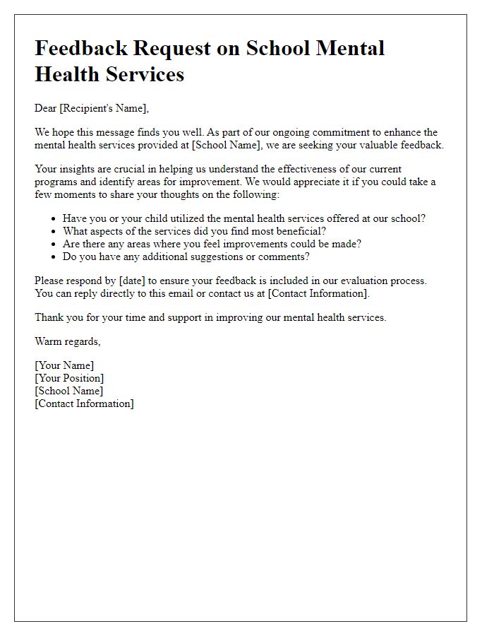 Letter template of feedback requests on school mental health services.