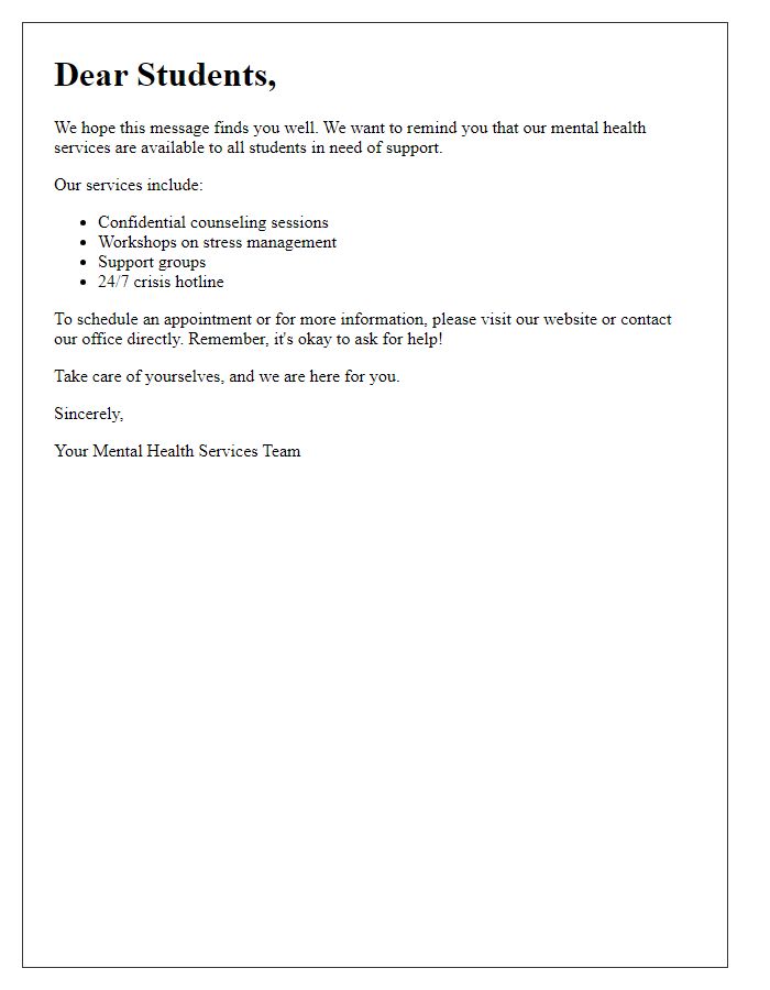 Letter template of mental health service availability for students.