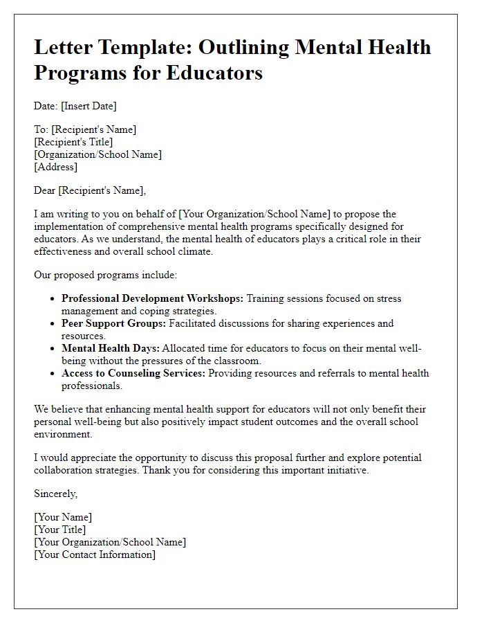 Letter template of outlining mental health programs for educators.