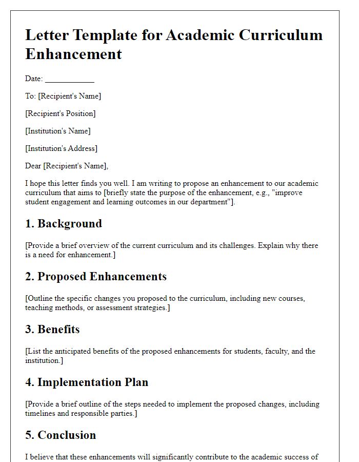 Letter template of academic curriculum enhancement outline