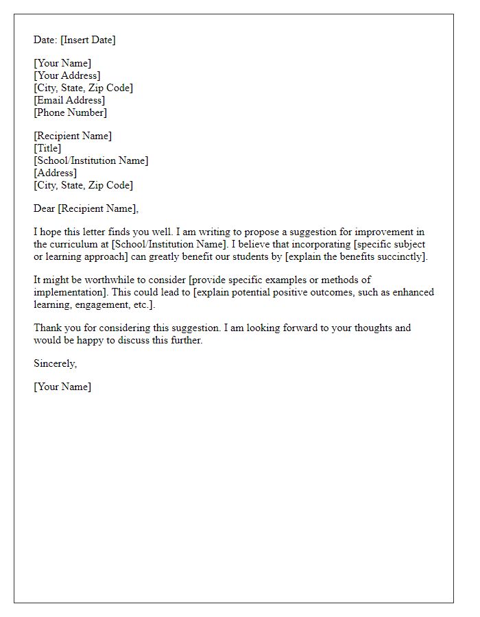 Letter template of curriculum improvement suggestion