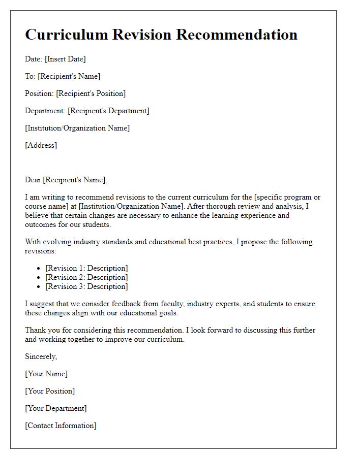 Letter template of curriculum revision recommendation