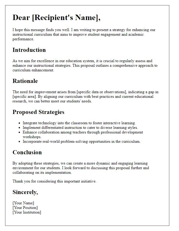 Letter template of instructional curriculum enhancement strategy