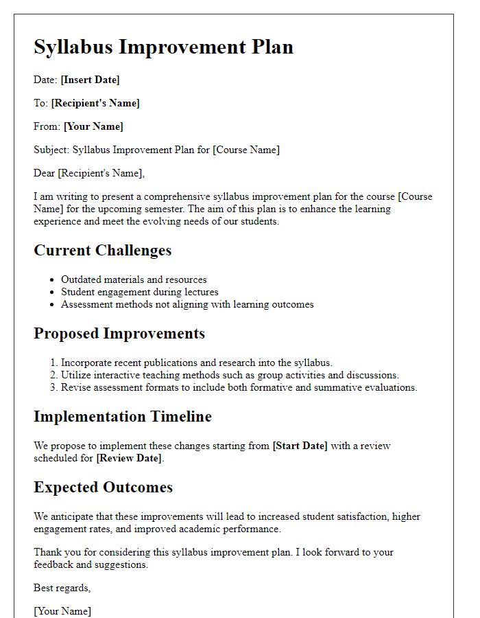 Letter template of syllabus improvement plan