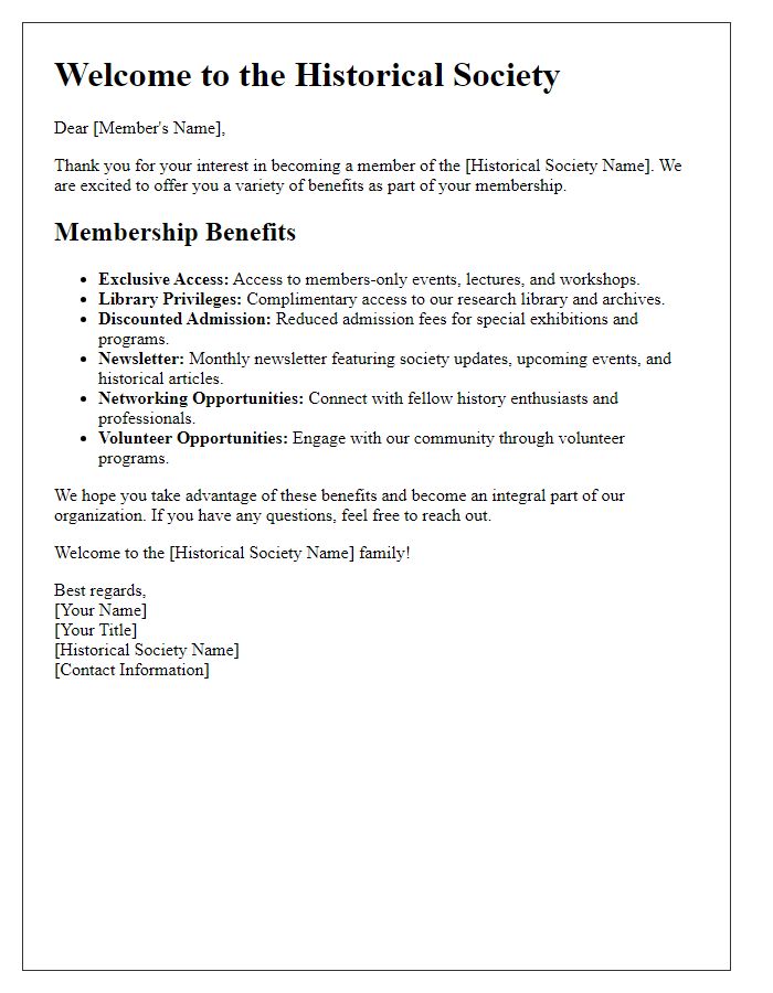 Letter template of benefits overview for historical society membership