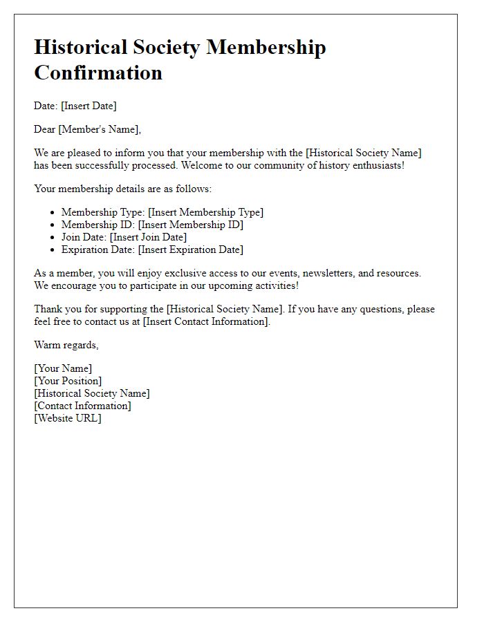 Letter template of confirmation for historical society membership