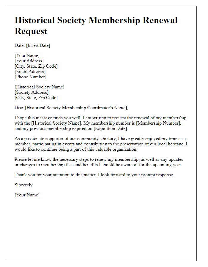 Letter template of renewal request for historical society membership