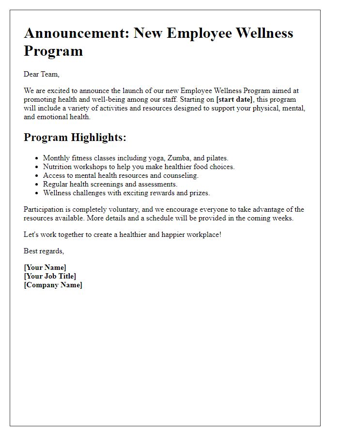 Letter template of employee wellness program announcement