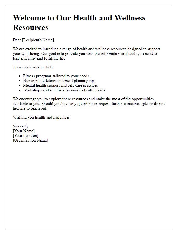 Letter template of health and wellness resources introduction