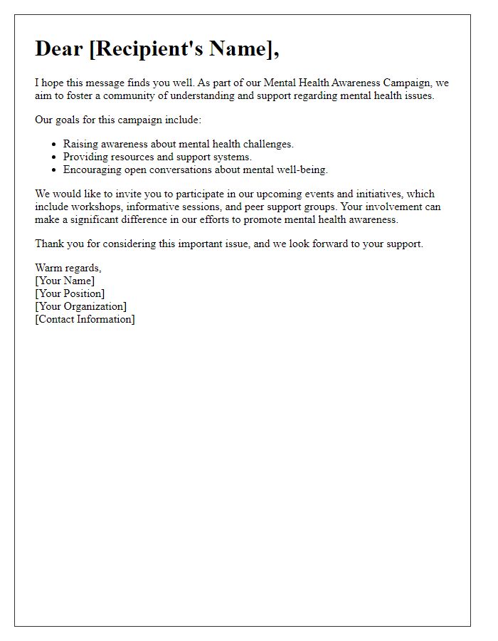 Letter template of mental health awareness campaign