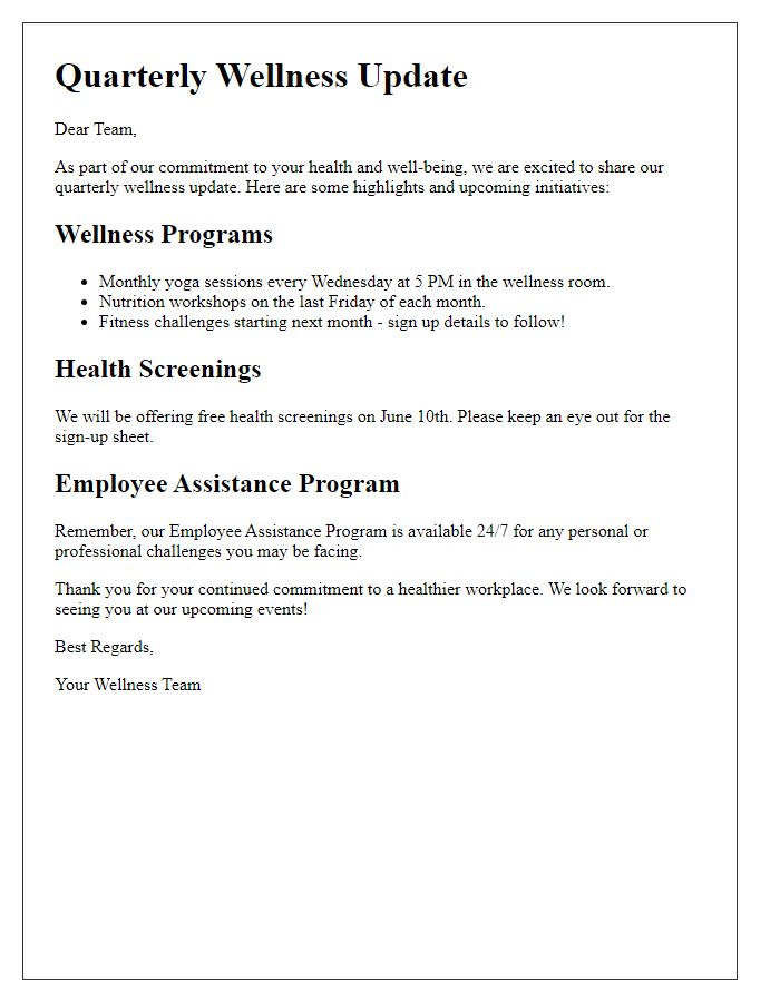 Letter template of quarterly wellness update for employees