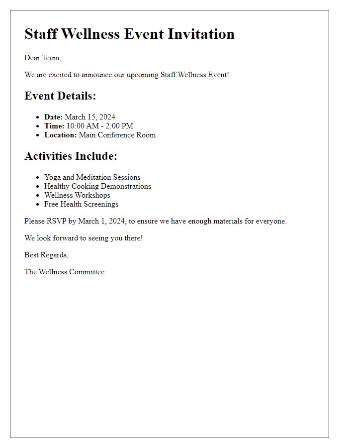 Letter template of staff wellness event details