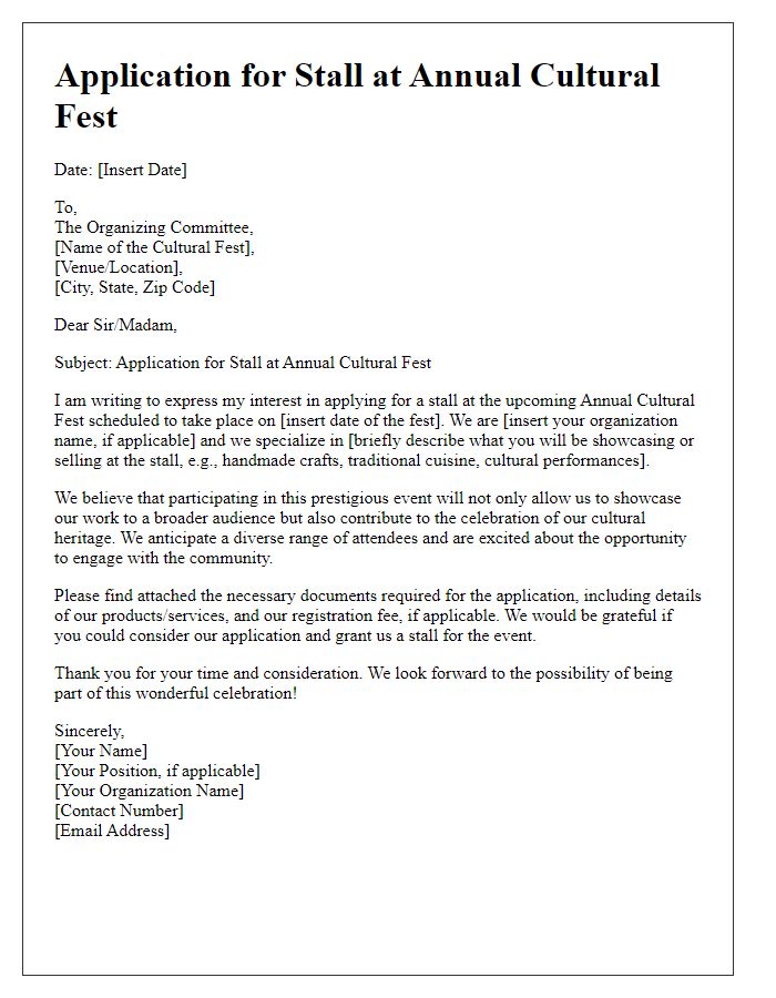 Letter template of application for annual cultural fest stall