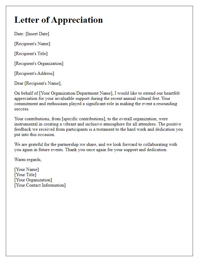 Letter template of appreciation for annual cultural fest support