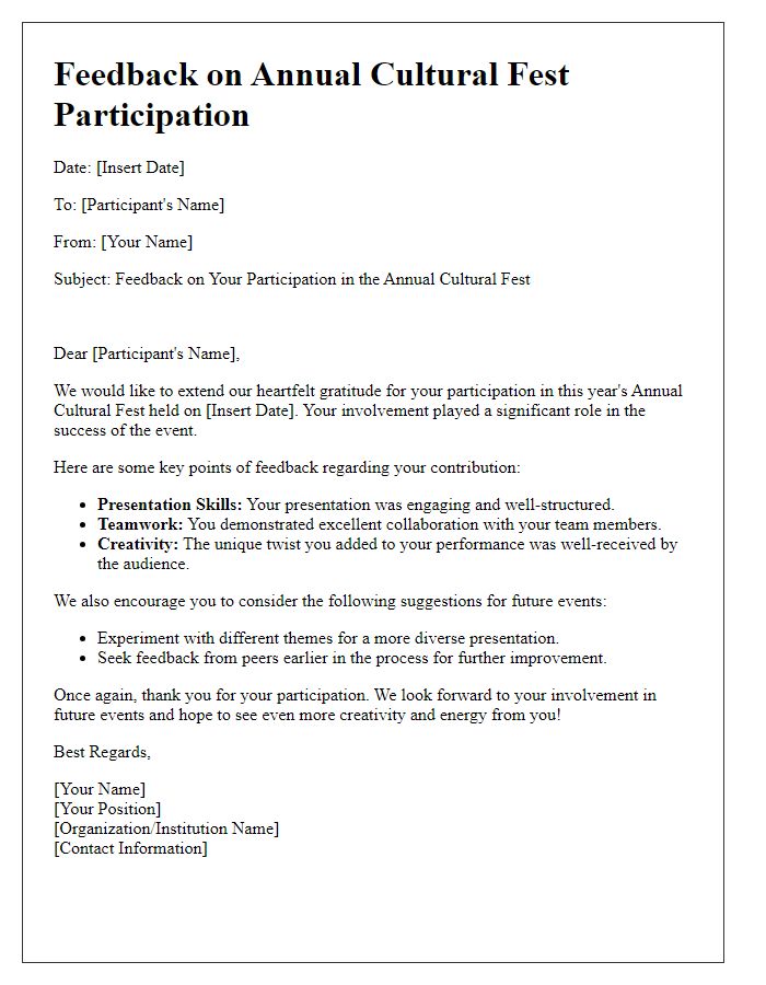 Letter template of feedback for annual cultural fest participation