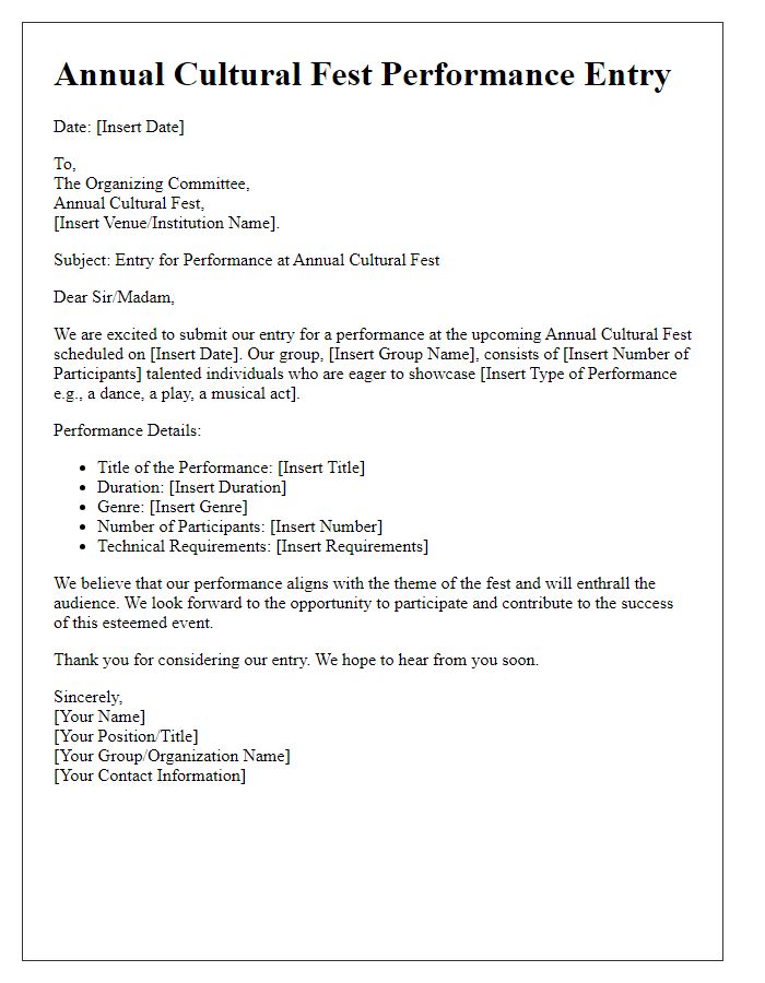 Letter template of performance entry for annual cultural fest