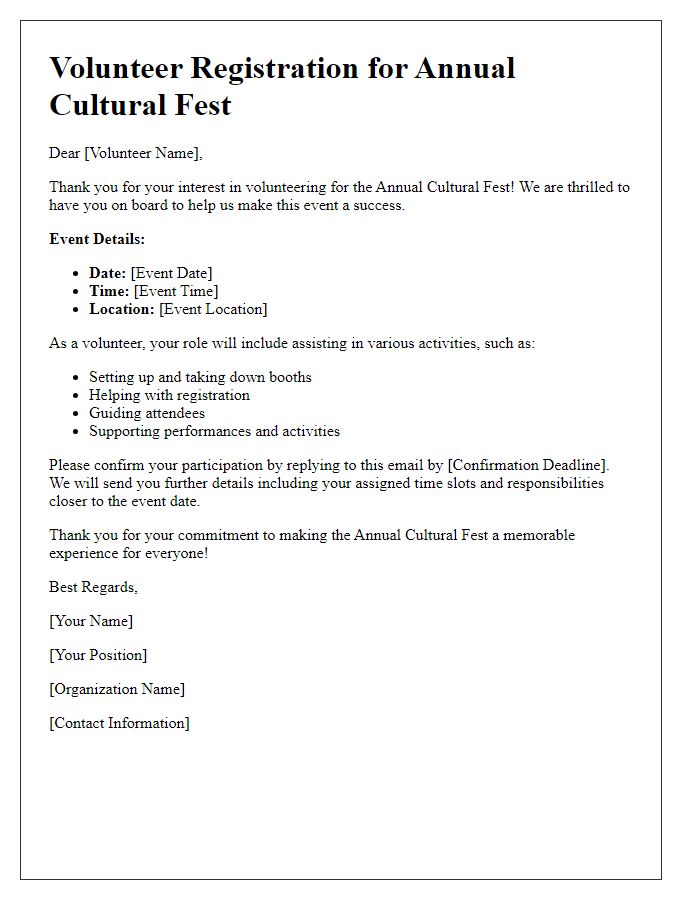 Letter template of volunteer registration for annual cultural fest