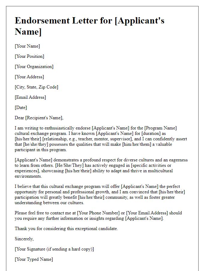 Letter template of endorsement for a cultural exchange program applicant.