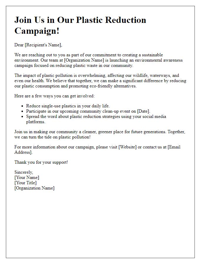 Letter template of an environmental awareness campaign centered on plastic reduction.