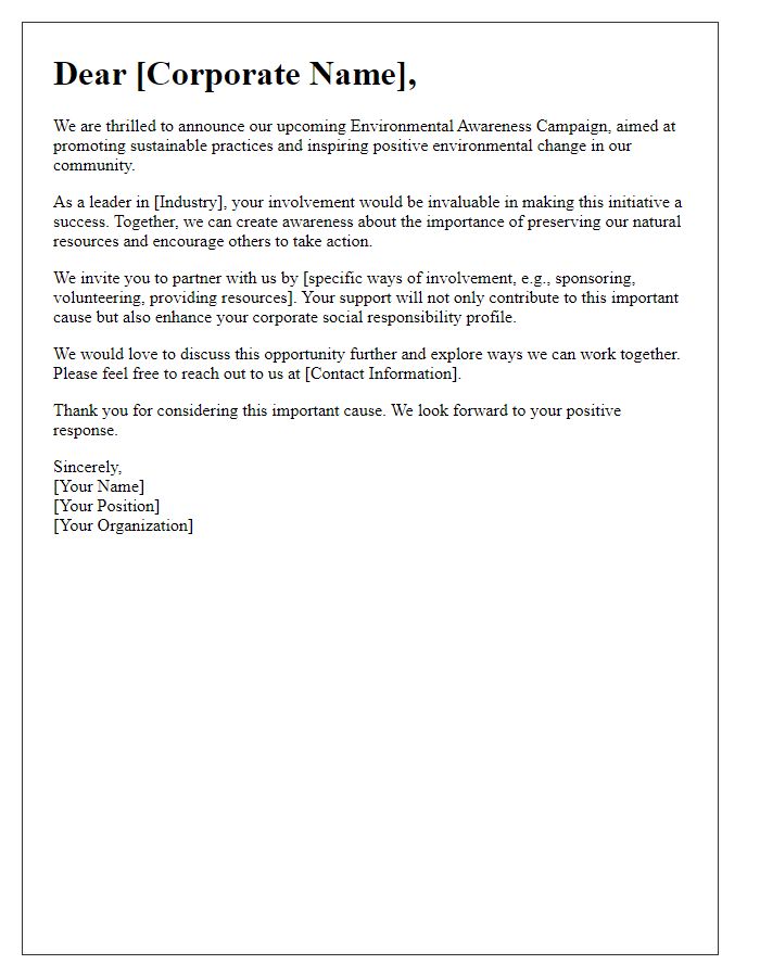 Letter template of an environmental awareness campaign for corporate involvement.