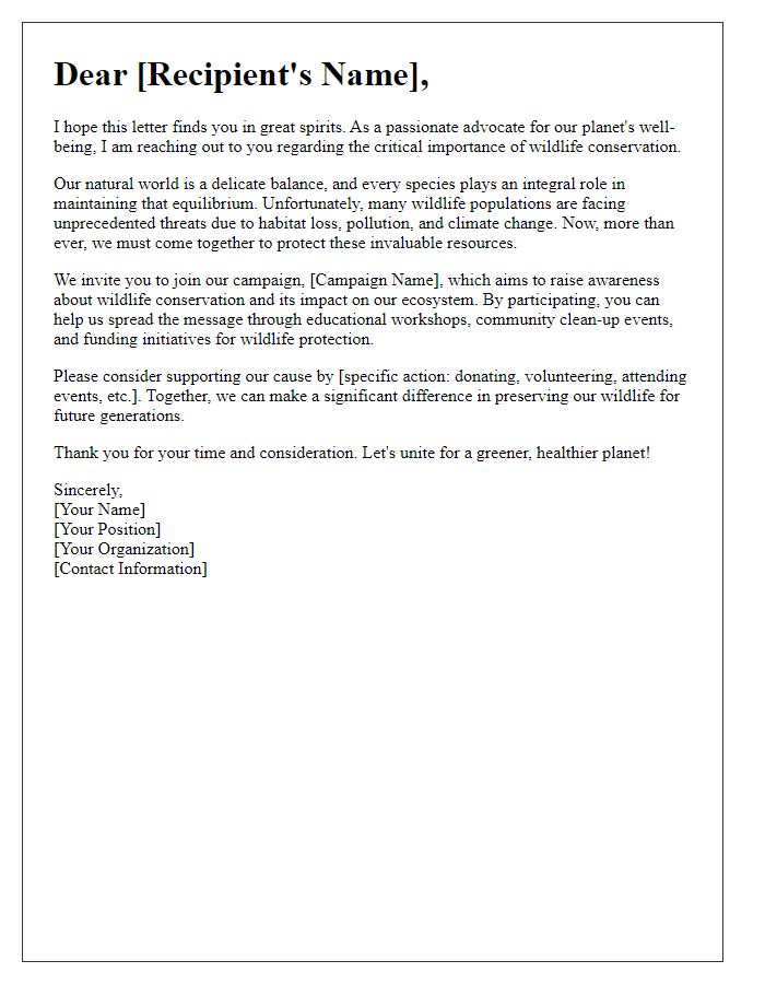 Letter template of an environmental awareness campaign focused on wildlife conservation.