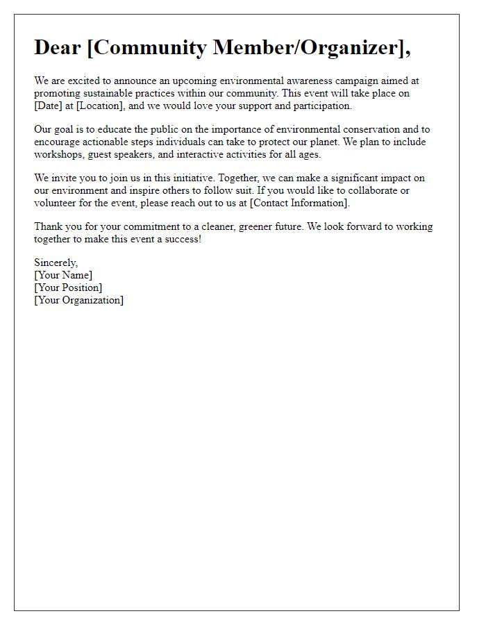 Letter template of an environmental awareness campaign for public events.