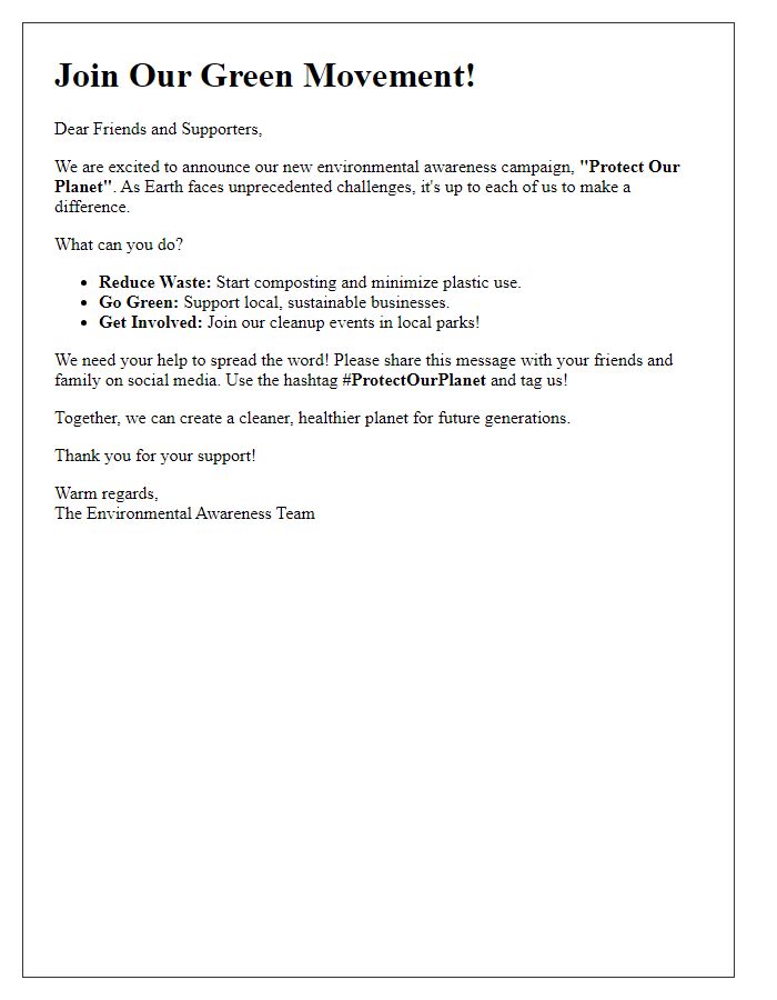 Letter template of an environmental awareness campaign for social media engagement.