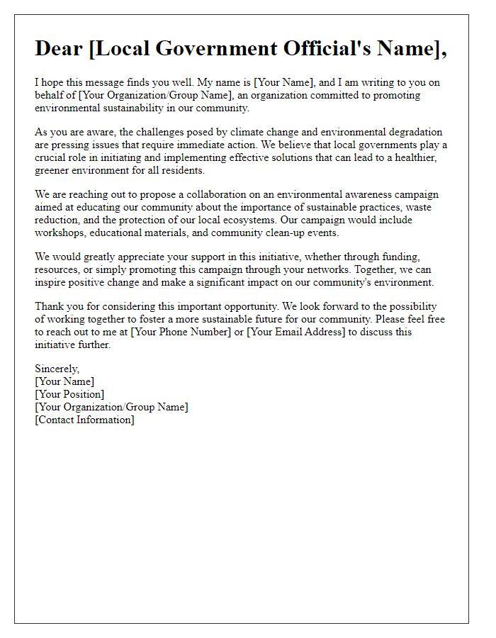 Letter template of an environmental awareness campaign targeting local government.