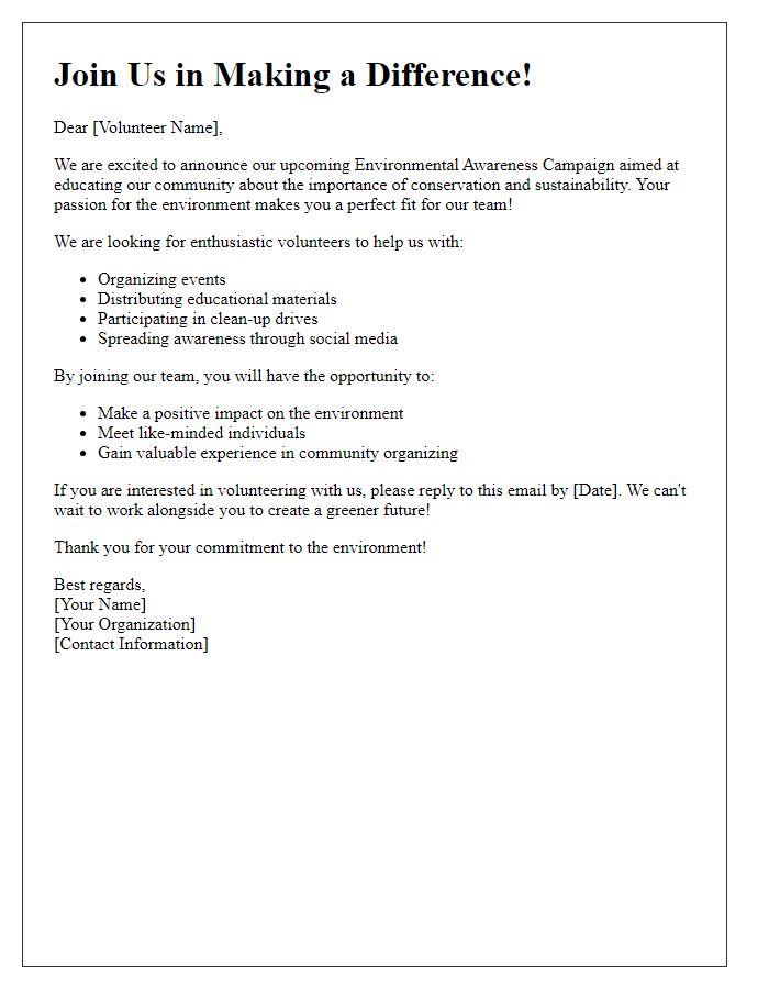 Letter template of an environmental awareness campaign for volunteers recruitment.