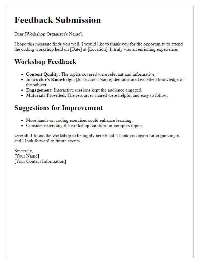 Letter template of feedback submission for coding workshop