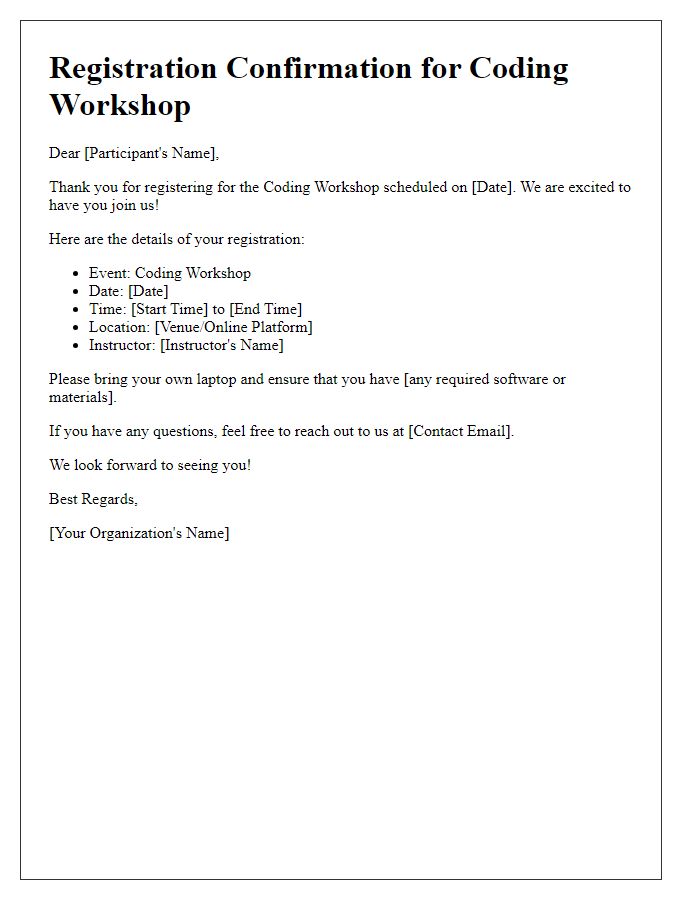 Letter template of registration confirmation for coding workshop