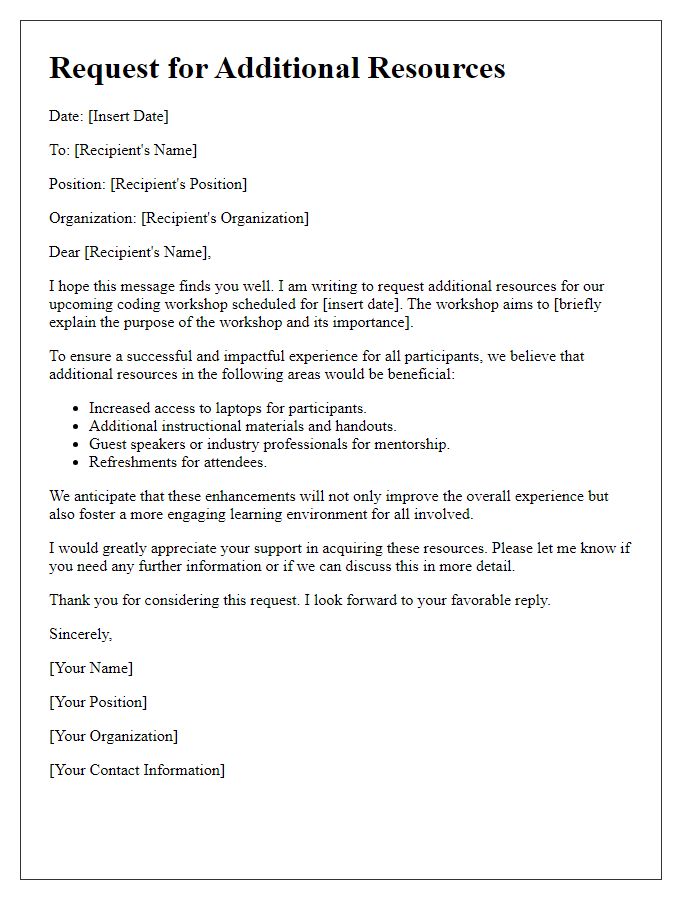 Letter template of request for additional resources for coding workshop