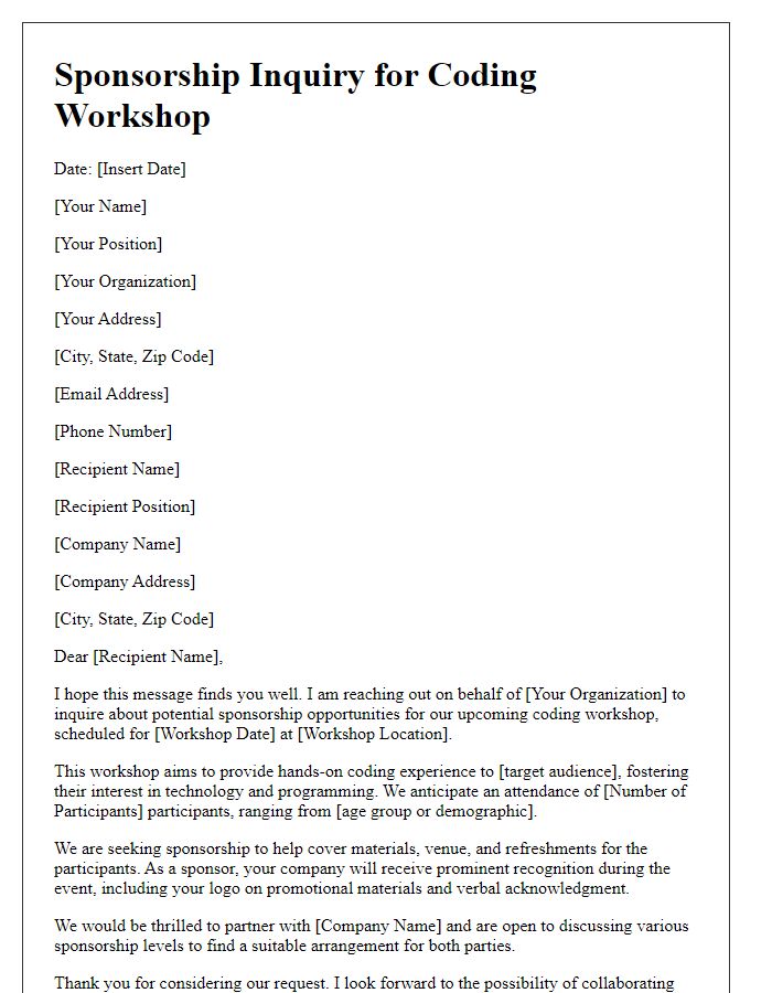 Letter template of sponsorship inquiry for coding workshop