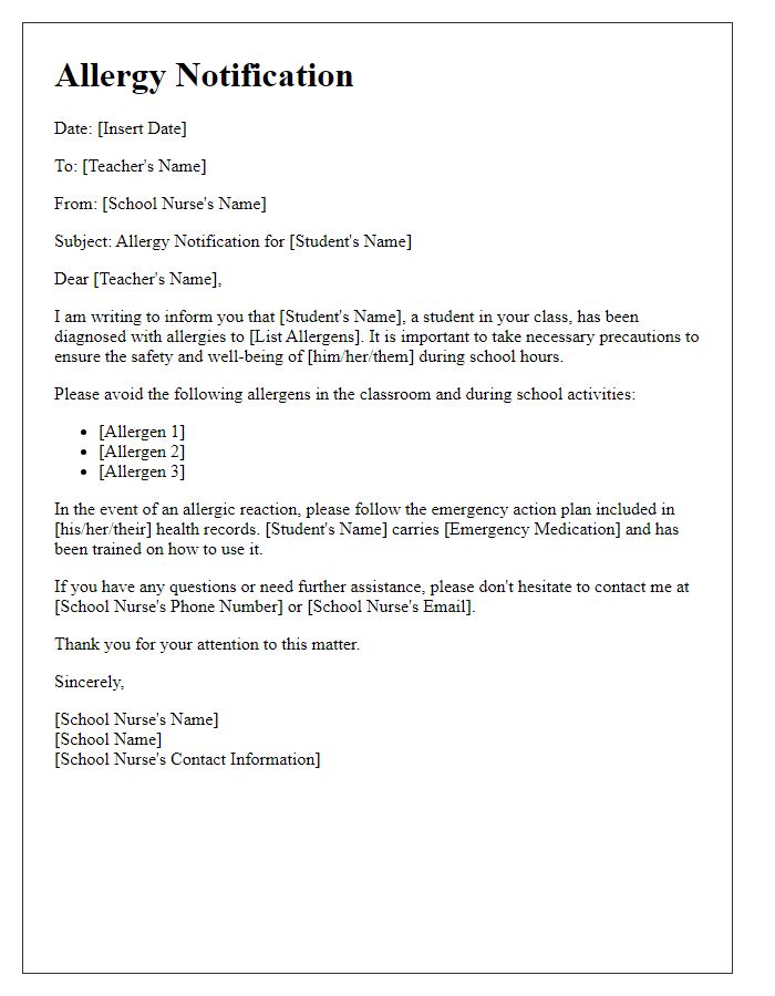 Letter template of school nurse allergy notification