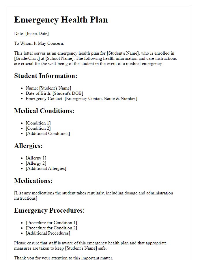 Letter template of school nurse emergency health plan