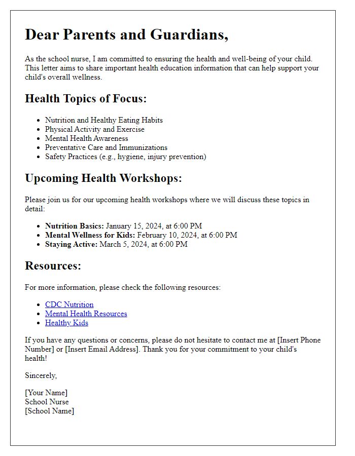 Letter template of school nurse health education information