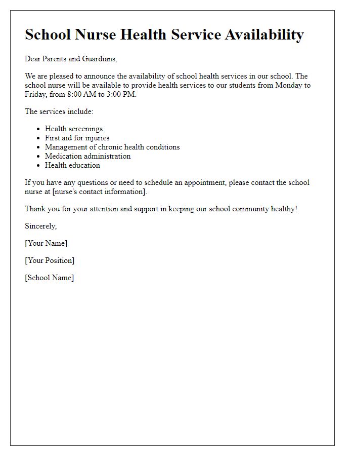 Letter template of school nurse health service availability announcement