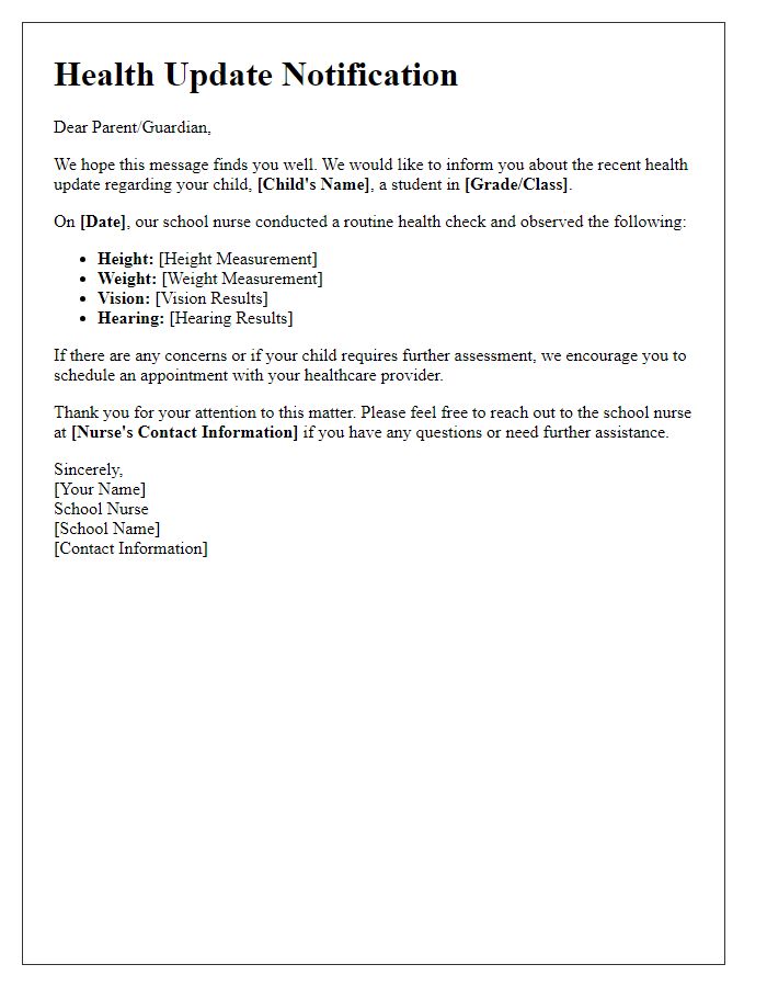 Letter template of school nurse health update notification