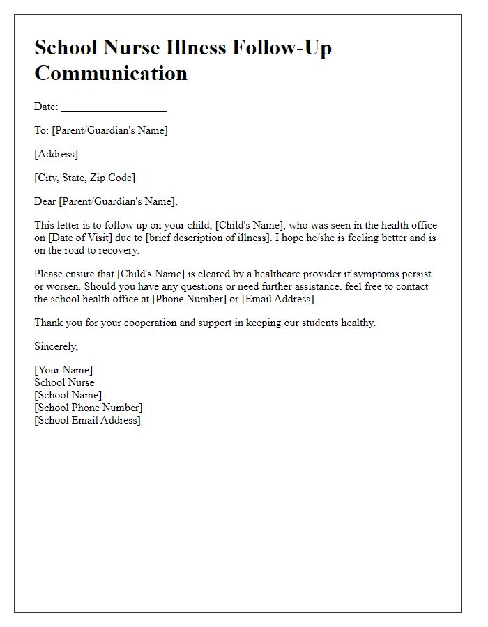 Letter template of school nurse illness follow-up communication