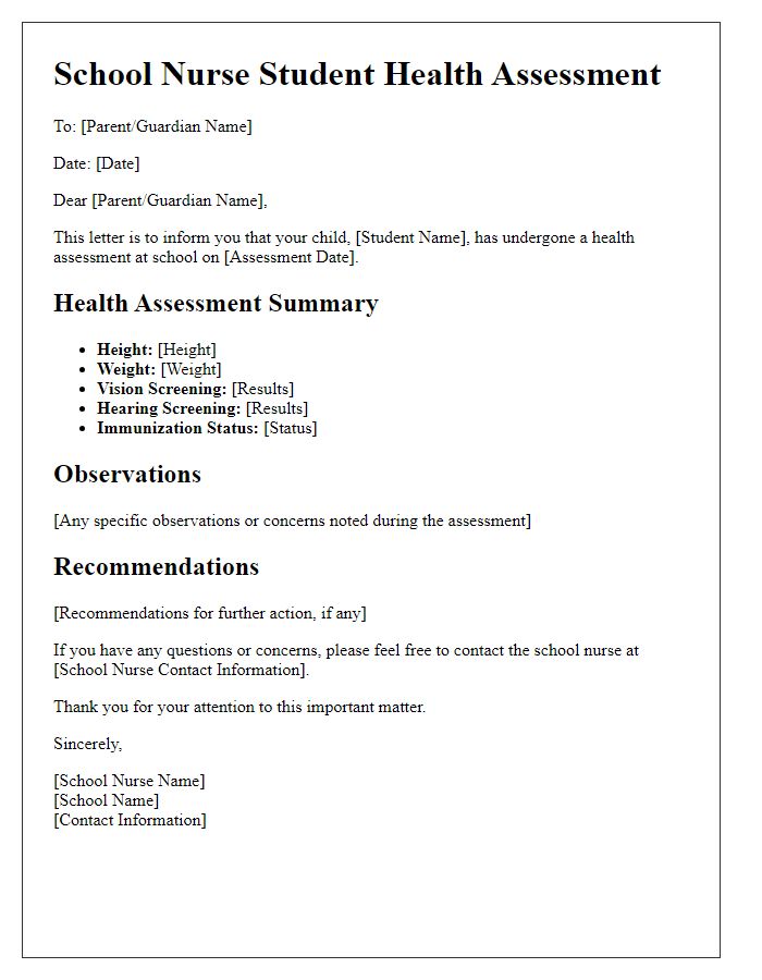 Letter template of school nurse student health assessment