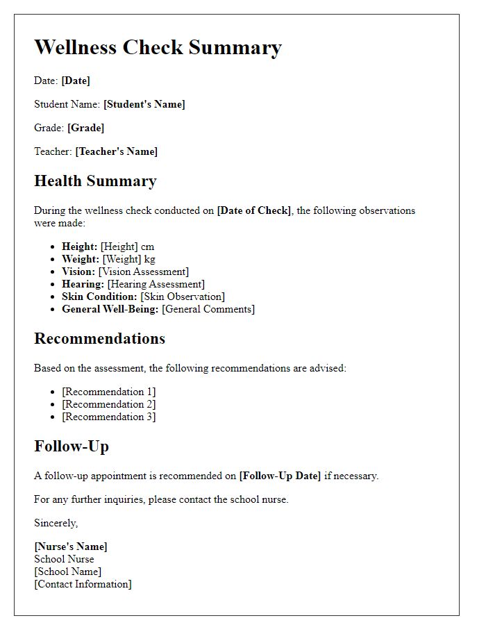 Letter template of school nurse wellness check summary