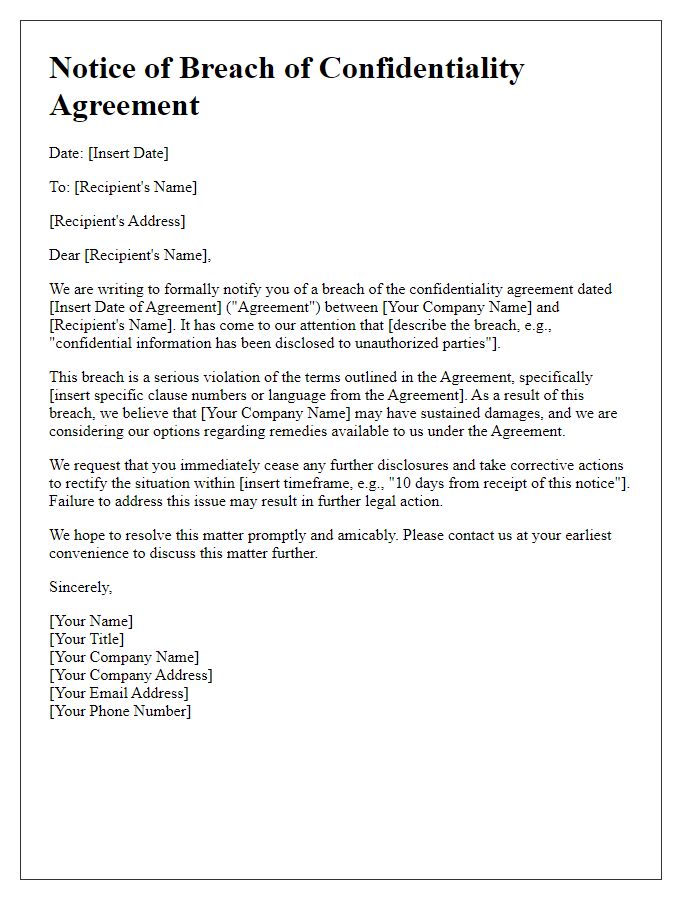 Letter template of breach of contract notification for confidentiality agreements